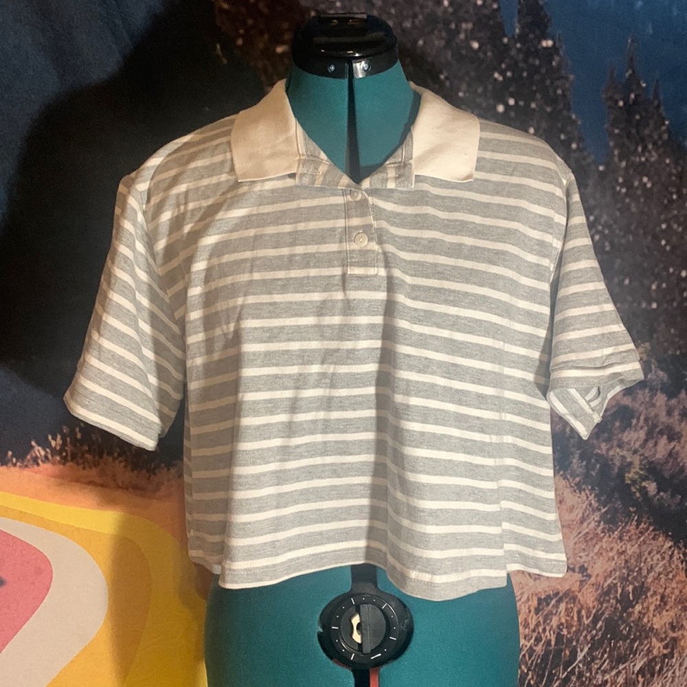 Gray and white striped short sleeve, collared crop top, wild fable brand size XL